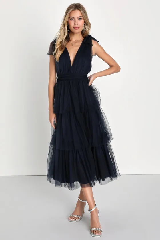Flawless Arrival Navy Blue Tulle Tie-Strap Tiered Maxi Dress sold by Lulus product image thumbnail 3