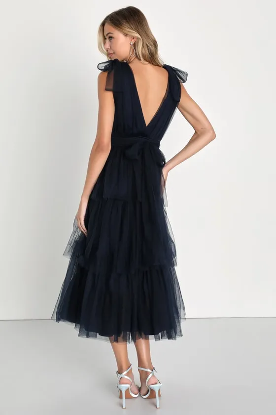 Flawless Arrival Navy Blue Tulle Tie-Strap Tiered Maxi Dress sold by Lulus product image thumbnail 4