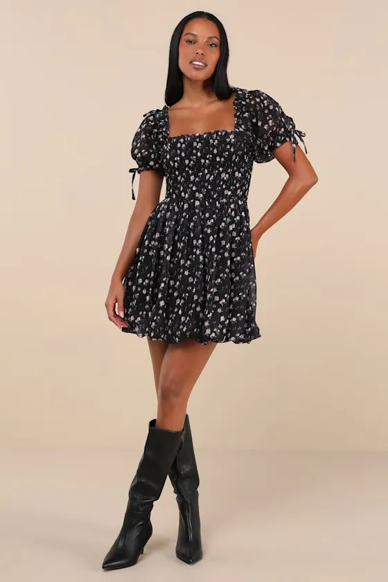 Delightful Crush Black Floral Smocked Puff Sleeve Mini Dress sold by Lulus