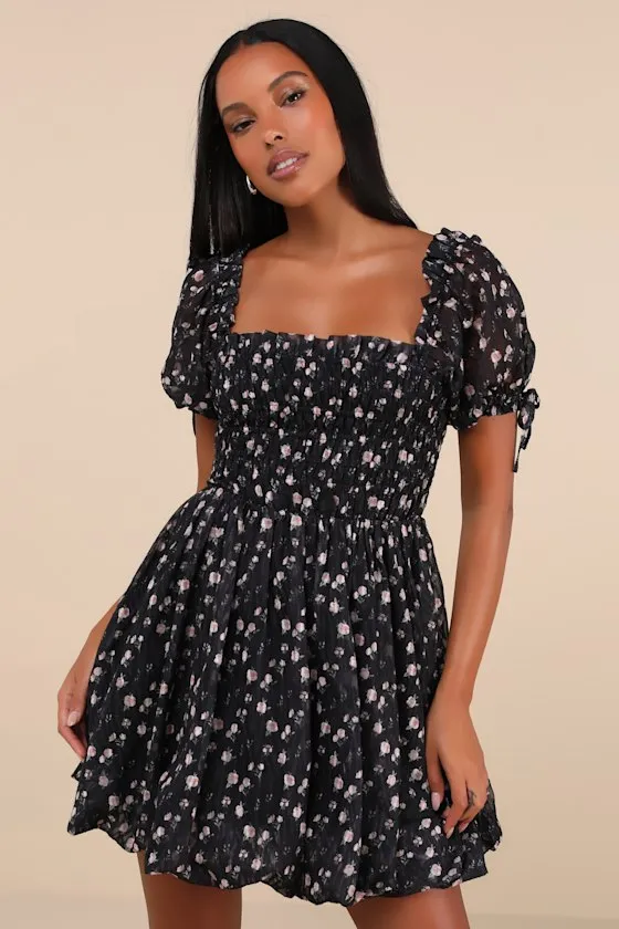 Delightful Crush Black Floral Smocked Puff Sleeve Mini Dress sold by Lulus product image thumbnail 2