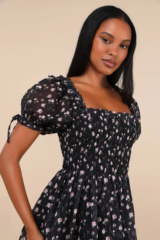 Delightful Crush Black Floral Smocked Puff Sleeve Mini Dress sold by Lulus product image thumbnail 4
