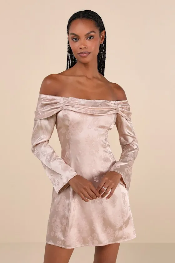 Truly Yours Blush Satin Jacquard Off-the-Shoulder Mini Dress sold by Lulus