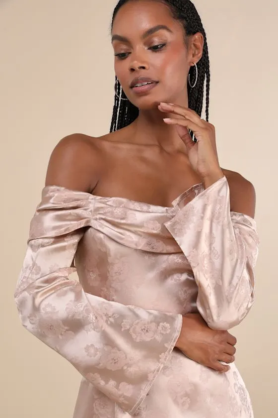 Truly Yours Blush Satin Jacquard Off-the-Shoulder Mini Dress sold by Lulus product image thumbnail 3