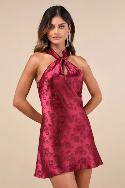 Got the Key Burgundy Satin Floral Jacquard Halter Mini Dress sold by Lulus