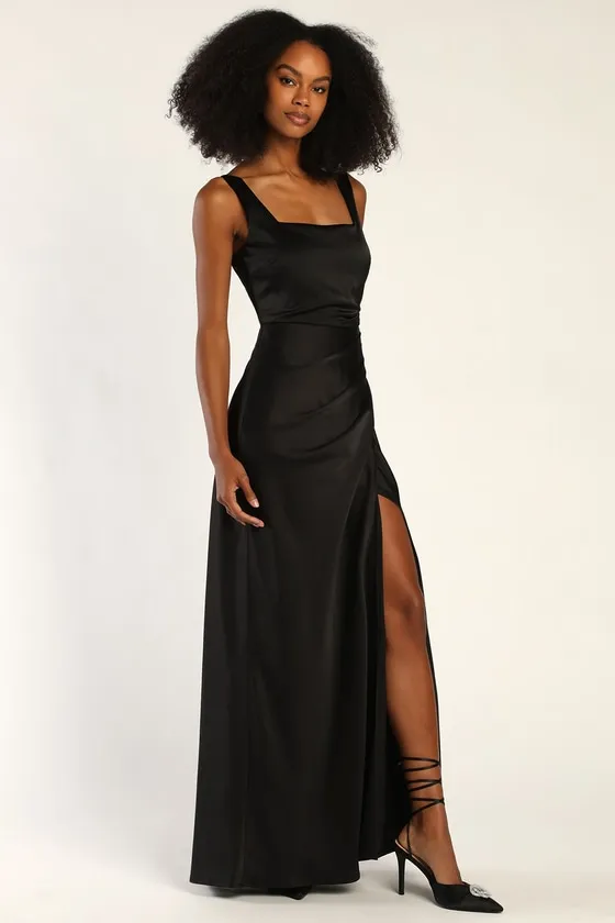 Red Carpet Romance Black Satin Square Neck Maxi Dress sold by Lulus