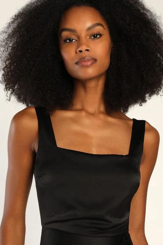 Red Carpet Romance Black Satin Square Neck Maxi Dress sold by Lulus product image thumbnail 2