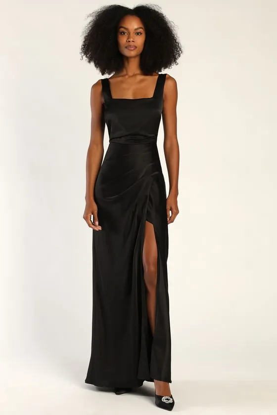 Red Carpet Romance Black Satin Square Neck Maxi Dress sold by Lulus product image thumbnail 3