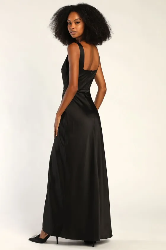 Red Carpet Romance Black Satin Square Neck Maxi Dress sold by Lulus product image thumbnail 4