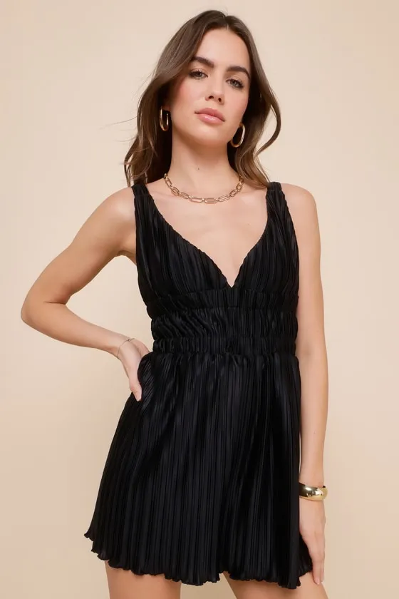 Upgraded Nights Black Plisse Sleeveless Romper sold by Lulus