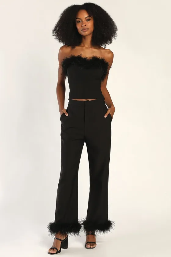 Flair for the Fabulous Black Feather Straight Leg Pants sold by Lulus