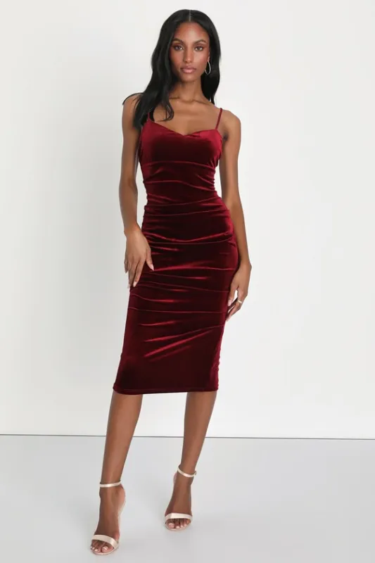Plush Personality Wine Red Velvet Ruched Bodycon Midi Dress sold by Lulus