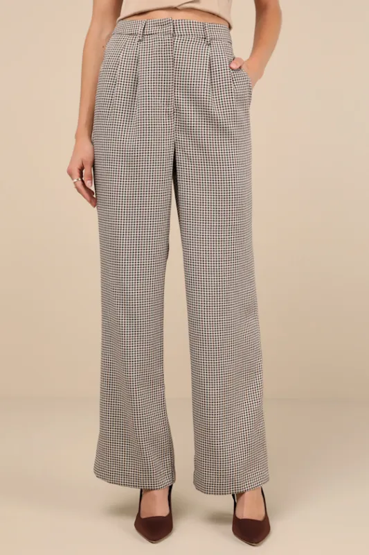 Pivotal Poise Beige Houndstooth High-Rise Straight Trousers sold by Lulus