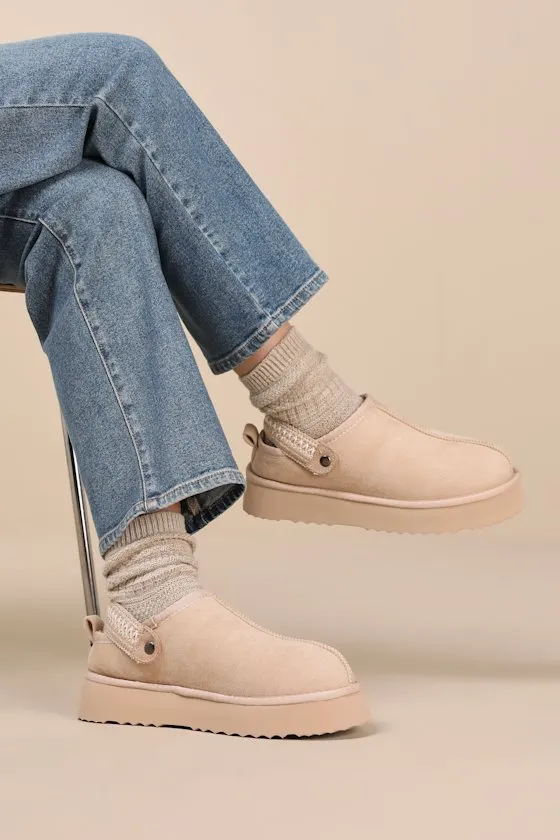 Storm Natural Suede Faux Fur Flatform Mules sold by Lulus