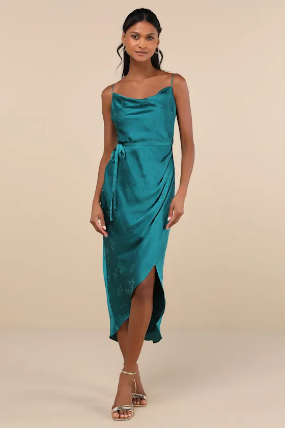 Sophisticated Sight Teal Green Satin Jacquard Cowl Midi Dress sold by Lulus