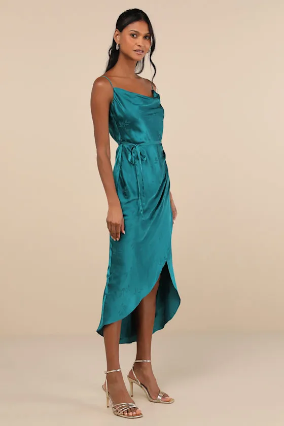 Sophisticated Sight Teal Green Satin Jacquard Cowl Midi Dress sold by Lulus product image thumbnail 2