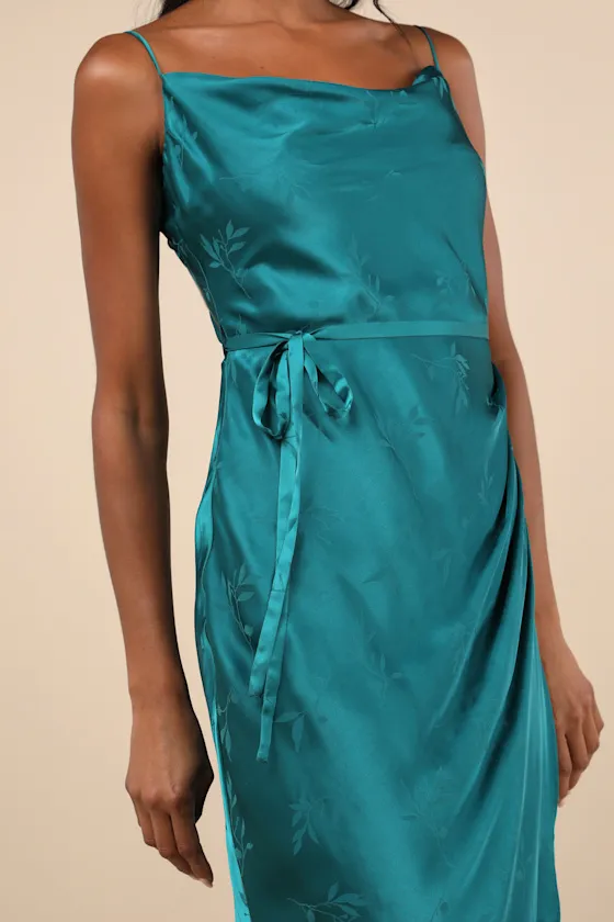 Sophisticated Sight Teal Green Satin Jacquard Cowl Midi Dress sold by Lulus product image thumbnail 4