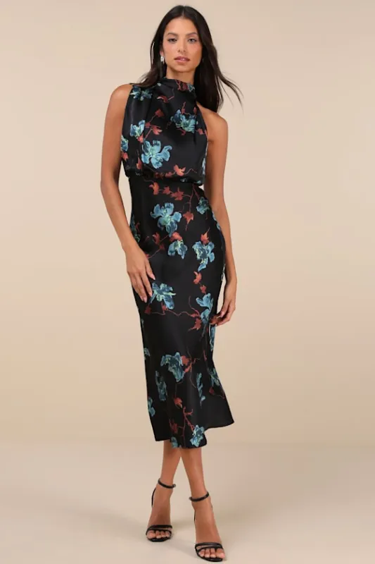 Distinctive Charm Black Floral Satin Asymmetrical Midi Dress sold by Lulus