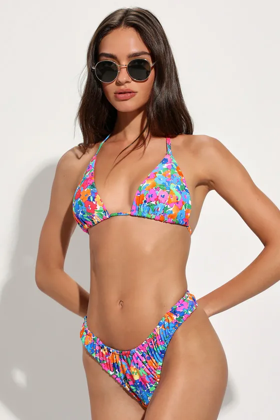 Beachy Stunner Multi Floral Scrunch Bikini Bottoms sold by Lulus