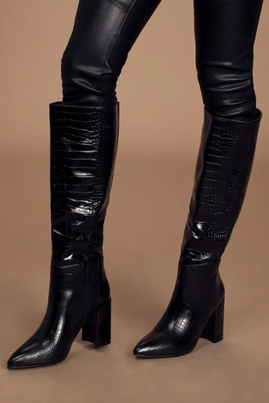 Katari Black Croc Pointed-Toe Knee High Boots sold by Lulus