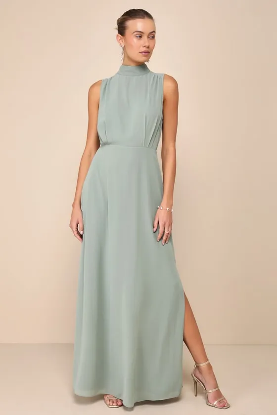 Classic Elegance Sage Chiffon Sleeveless Mock Neck Maxi Dress sold by Lulus
