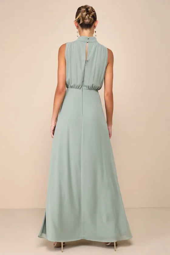 Classic Elegance Sage Chiffon Sleeveless Mock Neck Maxi Dress sold by Lulus product image thumbnail 2