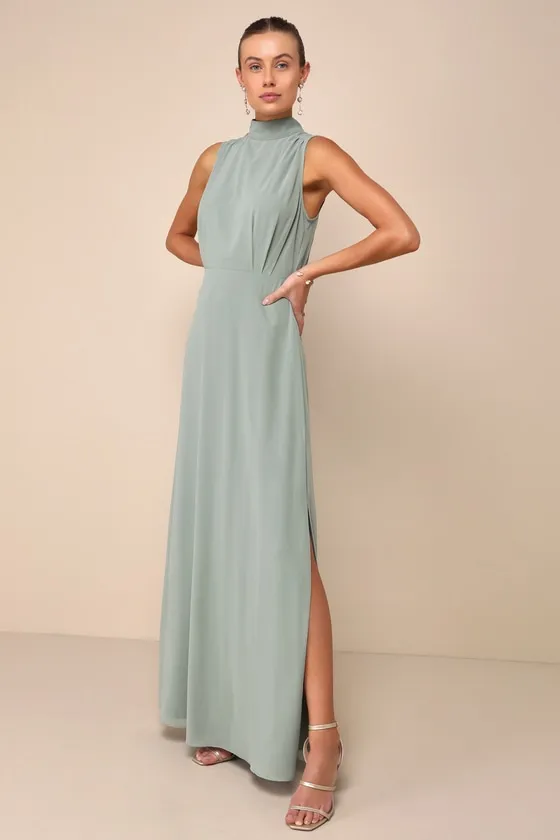 Classic Elegance Sage Chiffon Sleeveless Mock Neck Maxi Dress sold by Lulus product image thumbnail 4