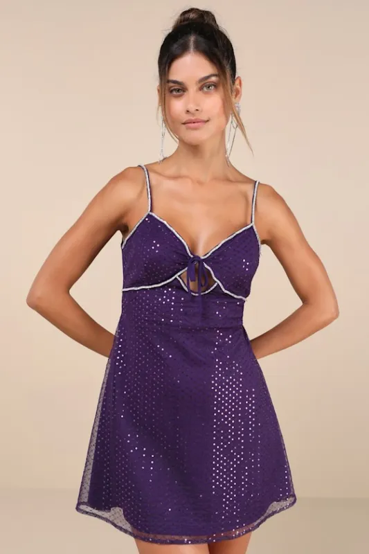 Captivating Glimmer Purple Sequin Rhinestone Tie-Back Mini Dress sold by Lulus