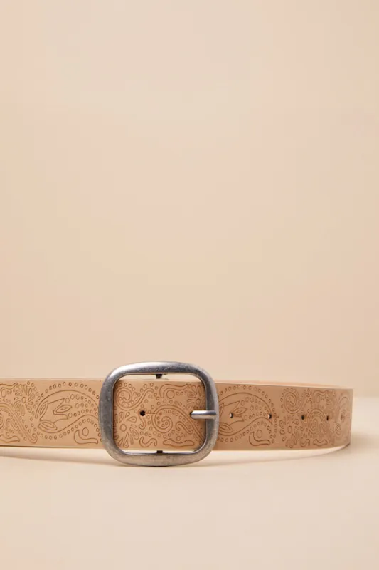Perfectly Detailed Tan Embossed Belt sold by Lulus