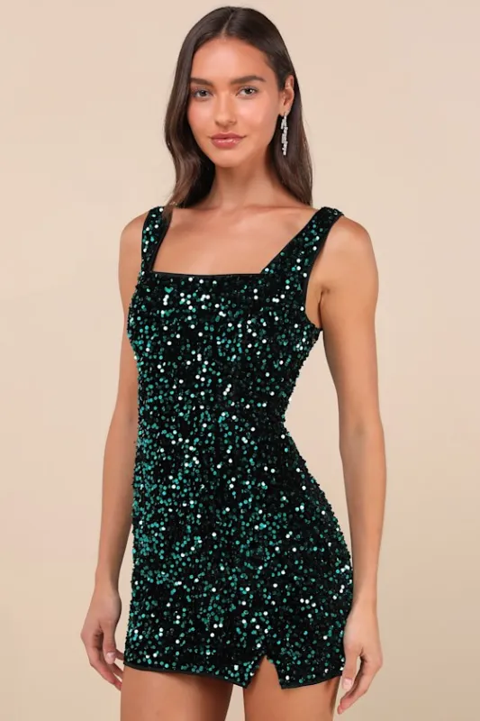 Seeing Sparkles Teal Velvet Sequin Square Neck Mini Dress sold by Lulus