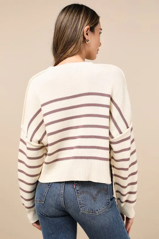 Comfortable Cuteness Cream and Mauve Striped Cropped Sweater sold by Lulus product image thumbnail 2