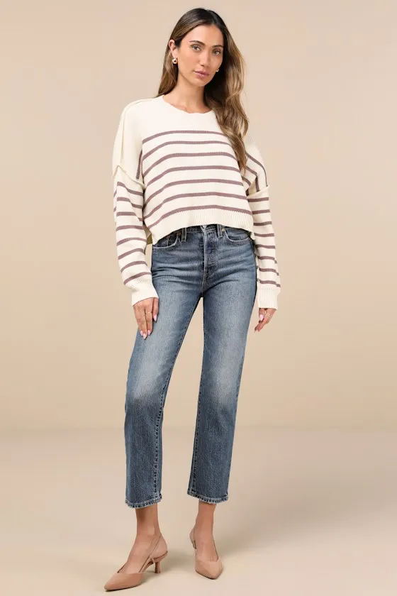 Comfortable Cuteness Cream and Mauve Striped Cropped Sweater sold by Lulus product image thumbnail 3