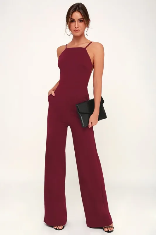 Something to Behold Burgundy Jumpsuit sold by Lulus