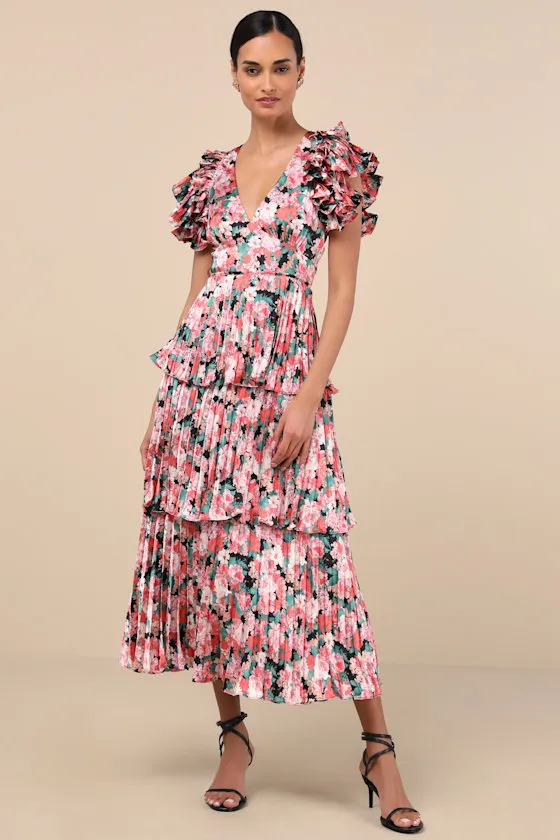 Stunning Desire Pink Floral Satin Pleated Tiered Midi Dress sold by Lulus