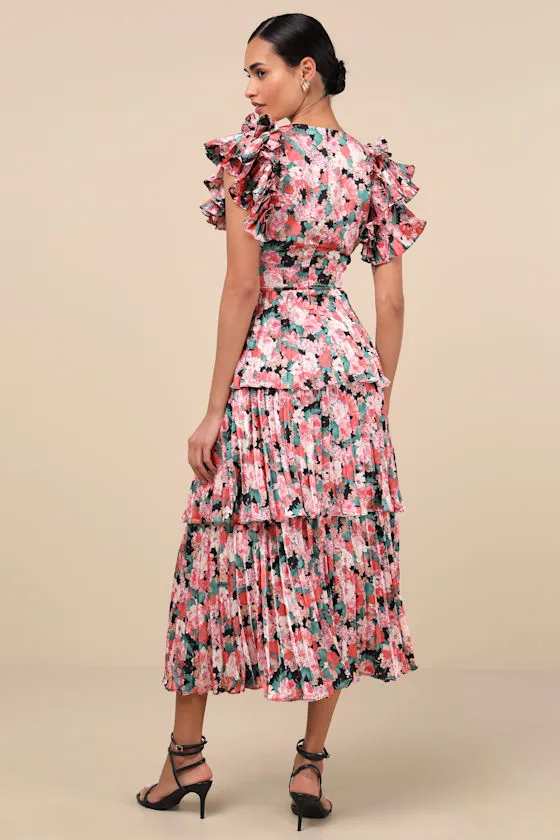 Stunning Desire Pink Floral Satin Pleated Tiered Midi Dress sold by Lulus product image thumbnail 2