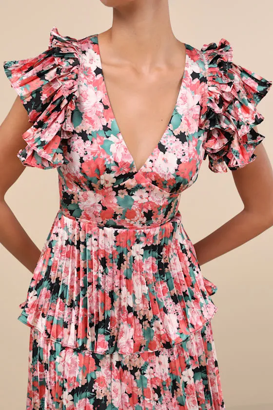Stunning Desire Pink Floral Satin Pleated Tiered Midi Dress sold by Lulus product image thumbnail 3