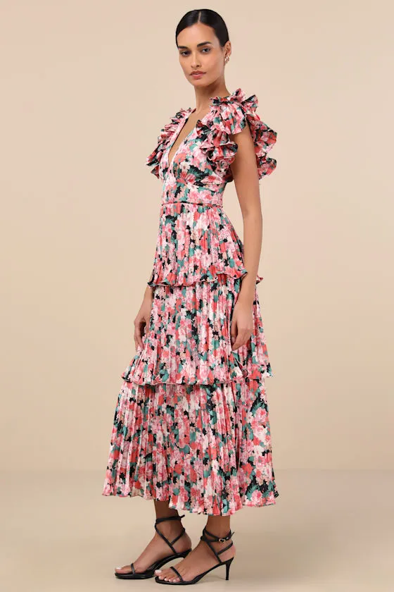 Stunning Desire Pink Floral Satin Pleated Tiered Midi Dress sold by Lulus product image thumbnail 4
