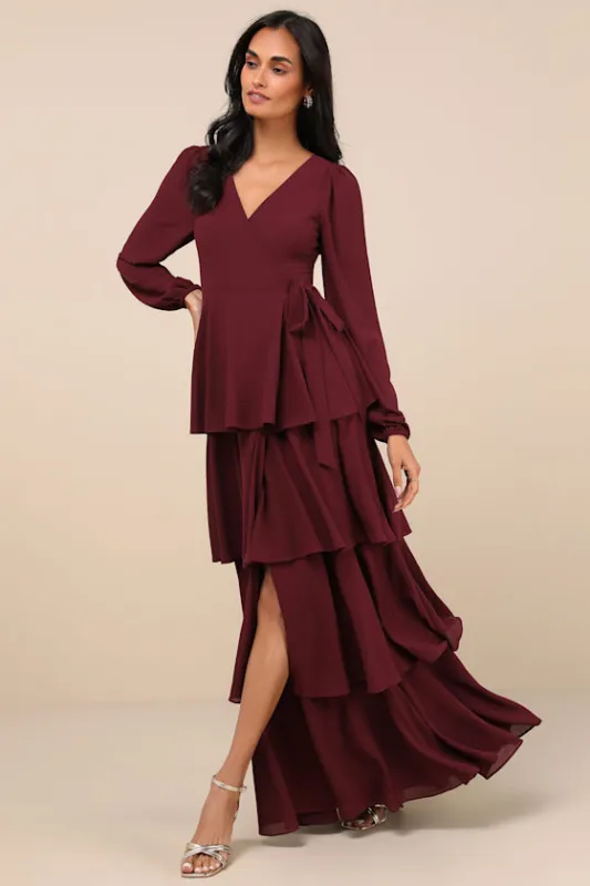 Marvelous Grace Plum Long Sleeve Tiered Wrap Maxi Dress sold by Lulus