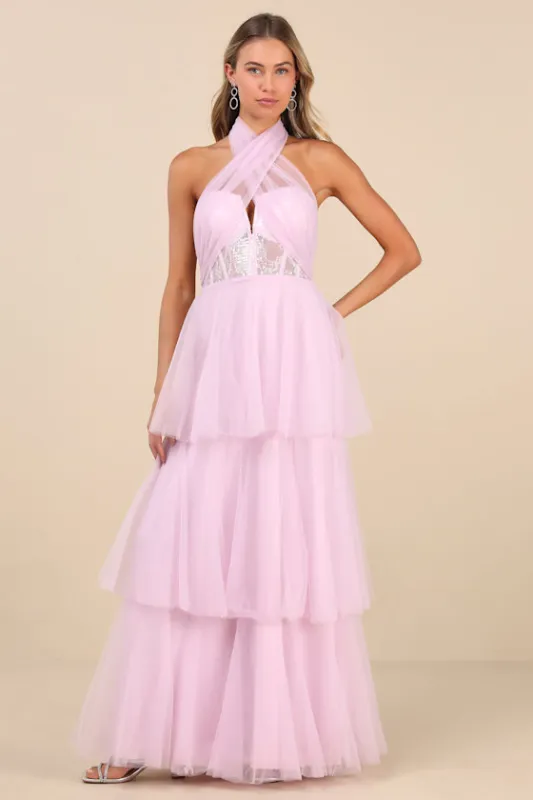 Camie Light Pink Tulle Sequin Bustier Maxi Dress sold by Lulus