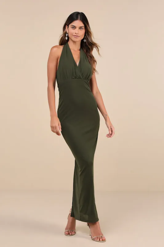 Celebratory Love Olive Green Mesh Ruched Halter Maxi Dress sold by Lulus