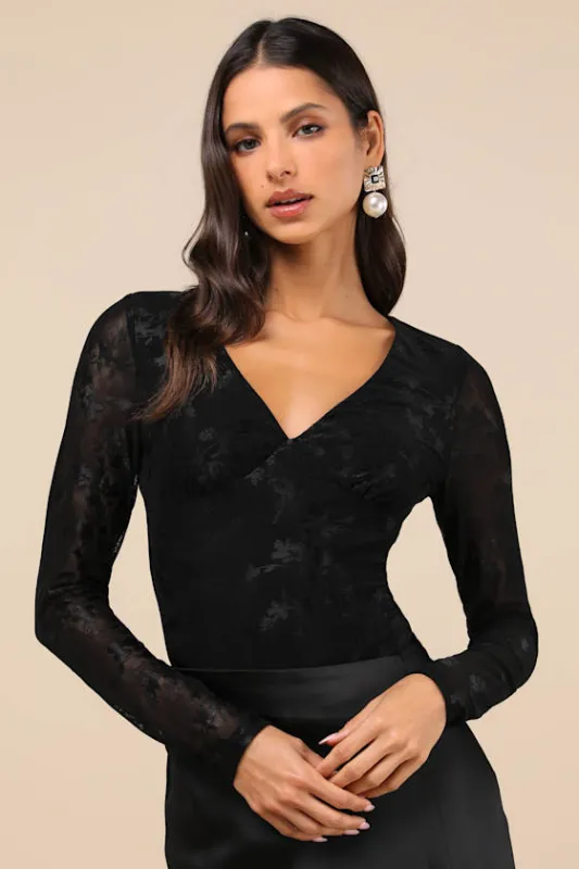 Chicly Mesmerizing Black Mesh Burnout Long Sleeve Bodysuit sold by Lulus