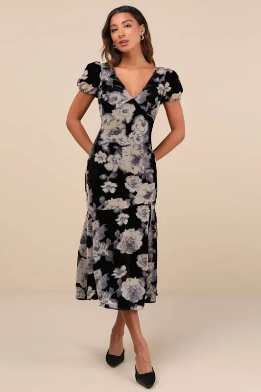 Real Lovely Black Floral Burnout Velvet Midi Dress sold by Lulus