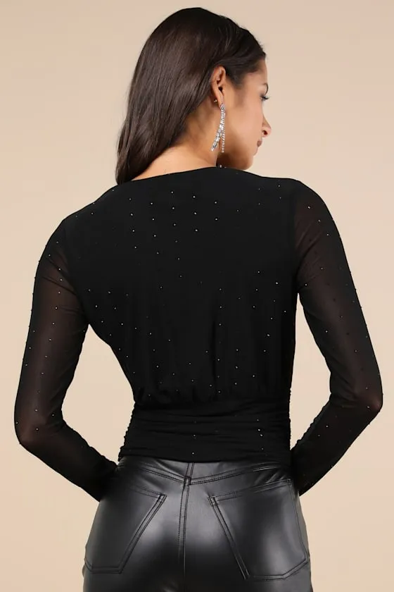 Sense of Sparkle Black Mesh Rhinestone Surplice Long Sleeve Top sold by Lulus product image thumbnail 2