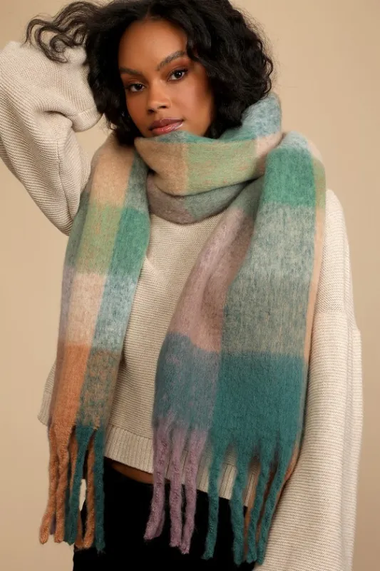 Peak Scenery Green Multi Plaid Fringe Oversized Scarf sold by Lulus