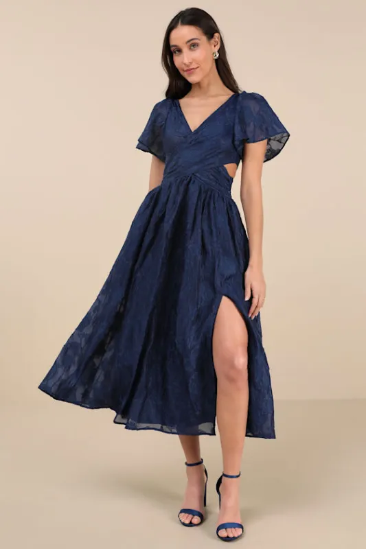 Hilly Navy Floral Jacquard Lace-Up Midi Dress sold by Lulus