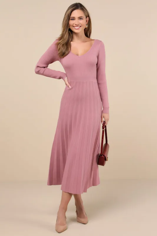 Snuggly Precision Mauve Pink Pleated Sweater Midi Dress sold by Lulus