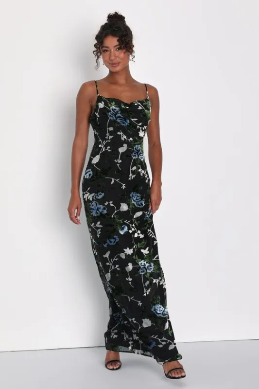 Chic Romantic Black Burnout Velvet Floral Cowl Neck Dress sold by Lulus