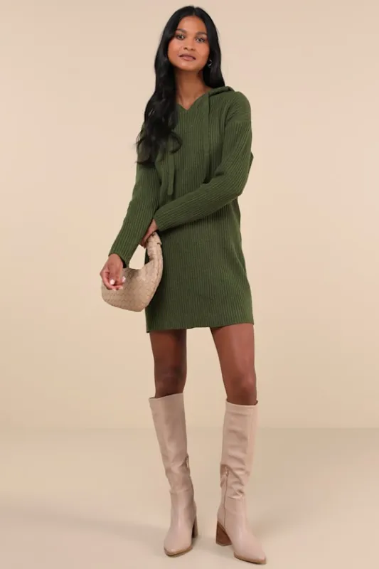 Snuggly Option Olive Green Hooded Mini Sweater Dress sold by Lulus