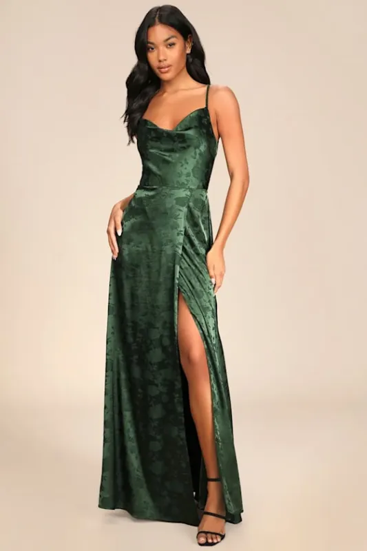Simply Dreamy Emerald Green Satin Floral Jacquard Maxi Dress sold by Lulus