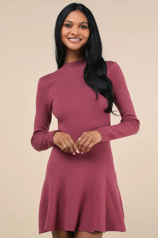Adorable Intentions Mauve Mock Neck A-Line Mini Sweater Dress sold by Lulus