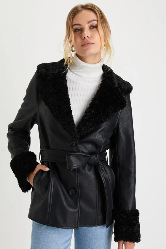 Trendsetting Muse Black Vegan Leather Faux Fur Belted Jacket sold by Lulus